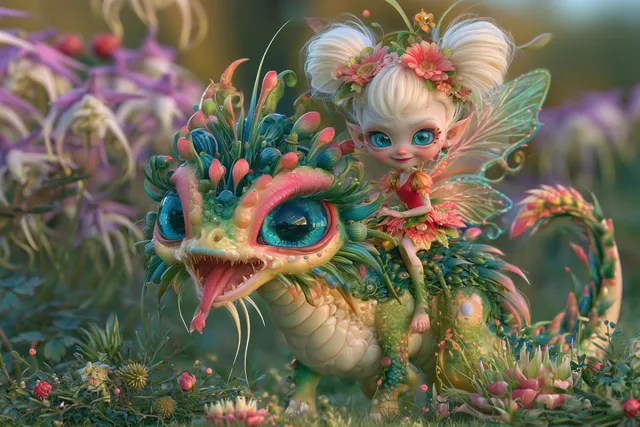 Moooi Gemaakt Elfenbloem elf op draakje - Poster 60x40 cm - horizontaal roze