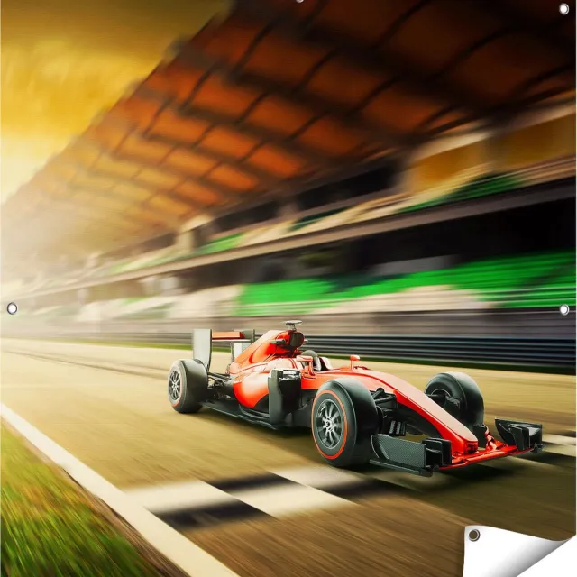 Gards Tuinposter Formule 1 Auto bij de Finish in het Rood - 100x100 cm - Tuindoek - Tuindecoratie - Wanddecoratie buiten - Tuinschilderij Multikleur