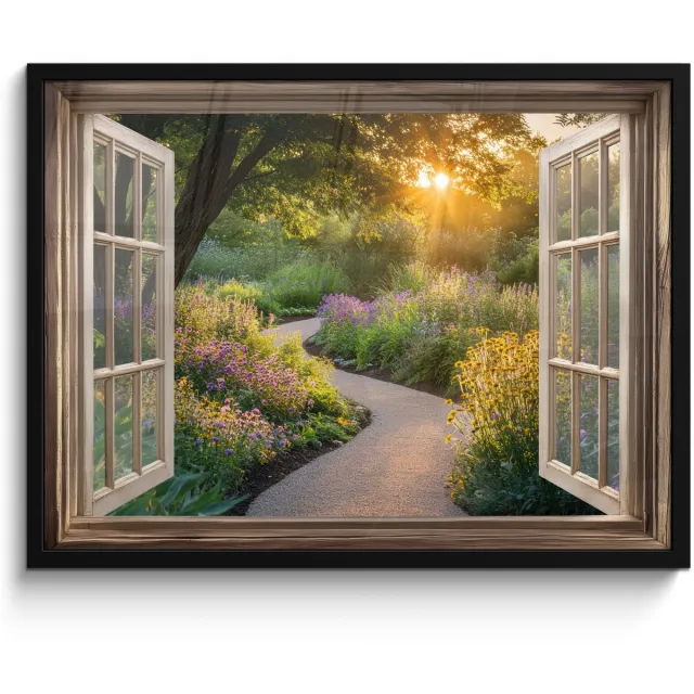 FrameYourWall Poster in lijst - Fotolijst 70x50 cm - Posters - Doorkijk - Bloemen - Natuur - Zon - Pad - Posterlijst zwart - Decoratie - Wanddecoratie woonkamer - Muurdecoratie slaapkamer