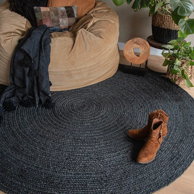 Boho&me Jute vloerkleed rond - Pure zwart 190
