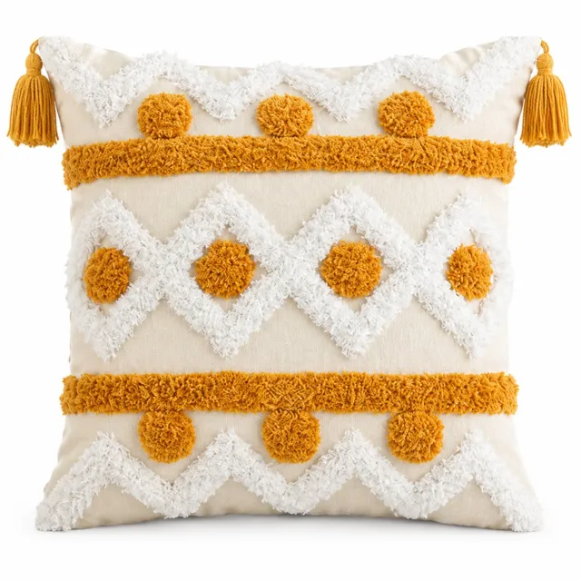 SWGOTA Katoenen kussenhoes 45 x 45 cm met geometrisch tuftpatroon en kwastjes - beige, wit en mosterdgeel - 1 stuk, zonder binnenkussen