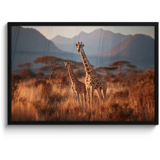 FrameYourWall Poster in lijst - Fotolijst 90x60 cm - Posters - Giraffen - Hoog gras - Acaciabomen - Posterlijst zwart - Decoratie - Wanddecoratie woonkamer - Muurdecoratie slaapkamer