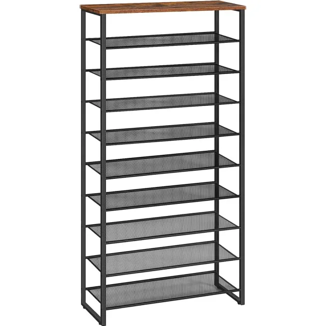 Homesy Schoenenrek met 10 niveaus, smal schoenenkast, schoen organisator voor 32-40 paar schoenen, metaal, voor hal, woonkamer, vintage bruin-zwart zwart bruin