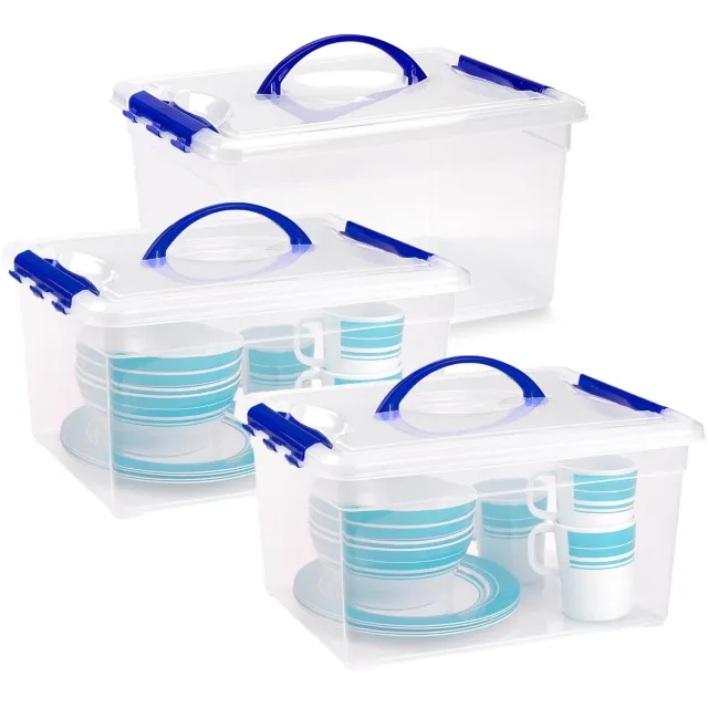 PLASTICFORTE Opslagbox - 3x - met deksel - transparant blauw - 12 liter - 34 x 27 x 18 cm - kunststof - opbergdoos - opbergen