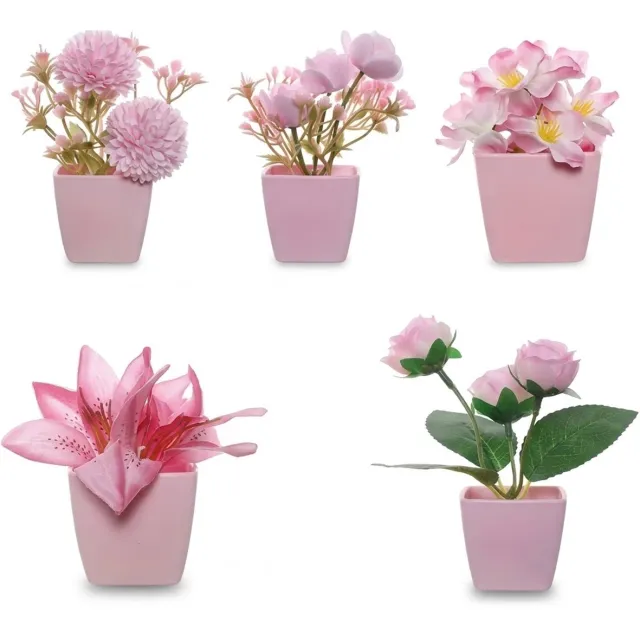 NUVEX Roze kunstbloemen in roze potten 5 stuks – mini kunst planten met verschillende bloemen en groene bladeren – decoratieve nep bloemen voor woonkamer slaapkamer bureau tafel vensterbank en boekenplank