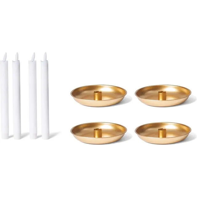 Novaliv kaarsenhouder, stokkaarsen, set van 4, goud, 15 cm diameter met LED-kaars, premium op batterijen, flikkerend effect, elektrisch, Adventskrans, kaarsenplateau, scandic chic, kaarsenhouder, stokkaarshouder wit