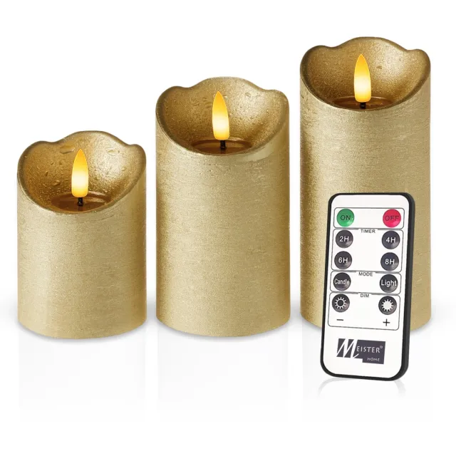 Meisterhome 3 x Led Stompkaars Rustiek - Goud – Stompkaars Echte wax – Led kaarsen - 10 / 12.5 / 15 cm Hoog - Met afstandsbediening – Timer 2/4/6/8 uur - Dimbaar