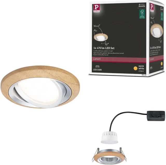 Paulmann LED-inbouwlamp Lanati Losse spot rond 84 mm 30° Coin 6W 470lm 230V 2700K Geoliede eikenkleur, Alu gedraaid