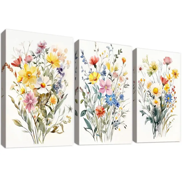 Unyqoos Set van 3 canvas schilderijen met wilde bloemen voor stijlvolle wanddecoratie Kleurrijke
