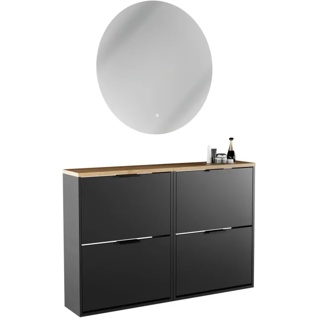 Planetmöbel STIVIO - Schoenenkast 60 cm - Zwart - Set van 2 met 2 kleppen - LED-spiegel NOVA ⌀ 80 cm