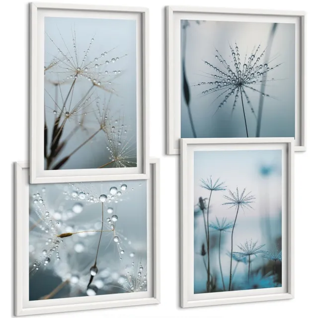 TULUP 4-Delige Schilderij Set - Fijne paardenbloemen met waterdruppels - 40x40 en 40x60 - Decoratieve Schilderijen - Wanddecoratie - Hal - Stijlvolle Muurdecoratie Witte lijst
