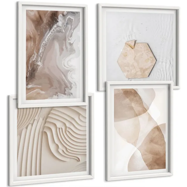 Coloray 4-Delige Schilderij Set - Abstracte Vormen, Geschilderde Structuren In Pastelkleuren. - 40 x 40 En 40 x 60 - Muurdecoratie - Schilderijen Set - Woonkamer - Decoratieve Schilderijen Witte lijst