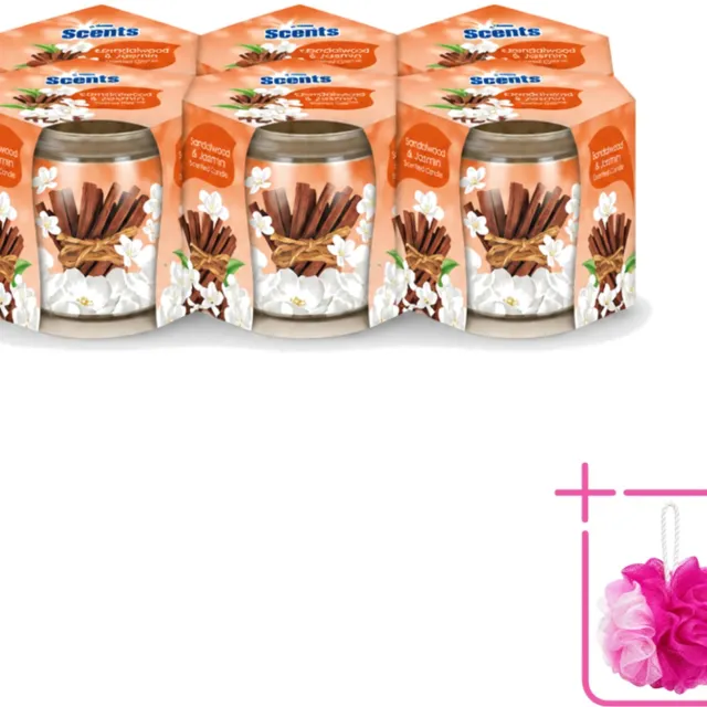 At Home 6 x At Home - Scents - Geurkaars - Sandalwood & Jasmin - 70 g - Bulkverpakking - Geurkaars - Douchemop - Sandelhout Bruin