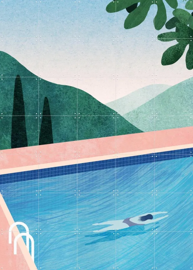 IXXI Swimming Pool II, Henry Rivers - 100 x 140 cm - Grote wanddecoratie en posters - Geometrische Kunst, Kleurrijk, Minimalisme, Illustraties Blauw