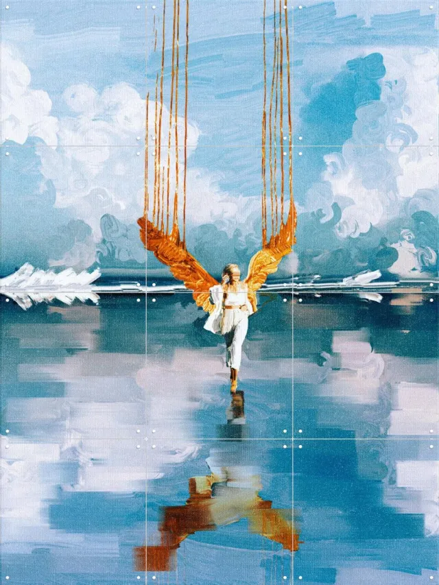 IXXI Angelwings, Vineet Suresh - 60 x 80 cm - Grote wanddecoratie en posters - Kleurrijk, Surrealisme, Modern, Geometrische Kunst, Illustraties Wit / Blauw / Goud