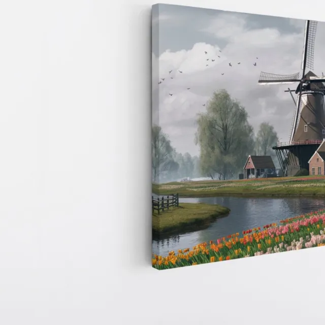 Saammp Canvas Schilderij - Tulpen met molen - Natuur - Landschap - 100x100 - Foto op canvas - Wanddecoratie - Muurdecoratie Woonkamer - Slaapkamer decoratie - Canvas Print Multicolor