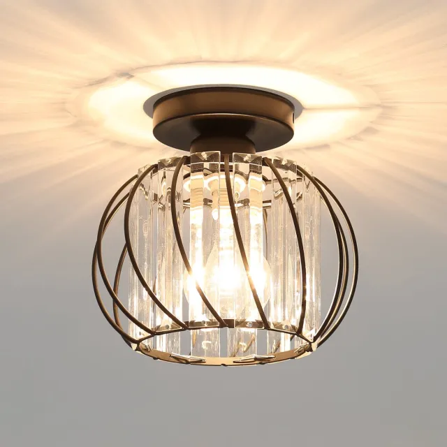Riserva Plafondlamp - Rond Industrieel Retro - Zwart IJzer‑Kristal - E27 Fitting Max 60W Zonder Lamp