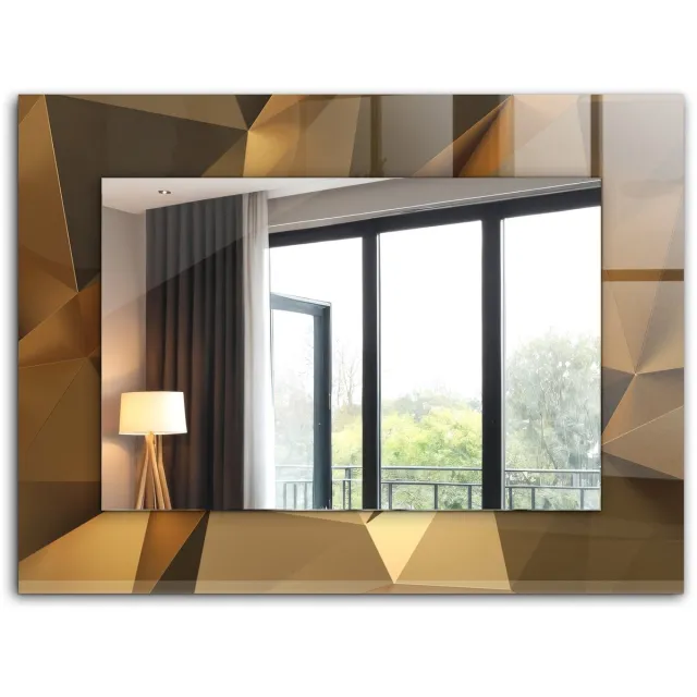 TULUP Spiegel - Veiligheidsglas - Vierkante Spiegel - Bruine geometrische vormen - 80 x 60 cm - Spiegel met decoratief motief - Inloopkastspiegel – Badkamerspiegel - Toiletspiegel - Make-up Spiegel - Wanddecoratie Spiegel - Montageset