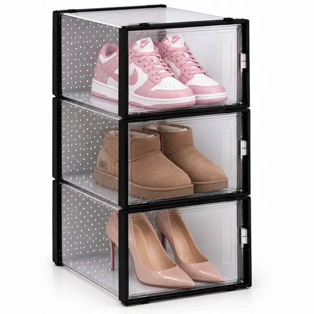 Opberio Schoenendoos / Schoenenbox - Transparant Stapelbaar - Met Deksel - Zwart - Set van 3