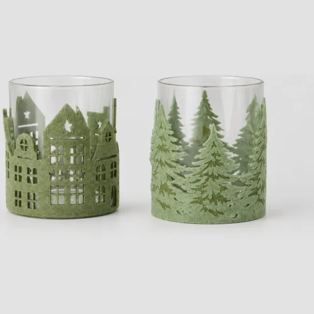 Spant7 Waxinelichthouder - Set van 2 - Glas - Vilt - Lichtgroen - 8x10cm - Kerst