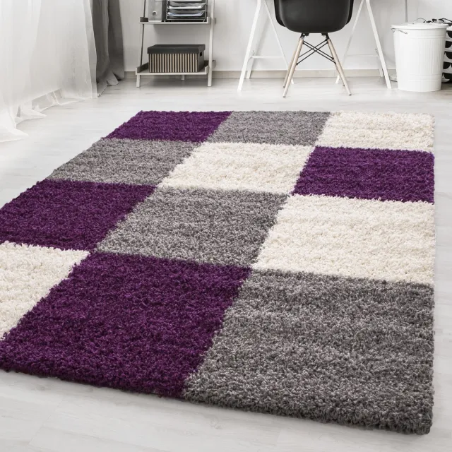 flycarpets Hoogpolig vloerkleed, geruit patroon, paars, woonkamerkleed, jute achterkant, afmeting: 60 x 110 cm