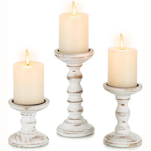GelldG Rustieke houten kaarsenhouder-set — 3-delige set — Retro decoratie — Ontworpen voor stompkaarsen — Decoratie voor woonkamer & eettafel — Tafelaccent in vintagestijl — Grote kaarsenstandaards voor op de vensterbank primaire kleur