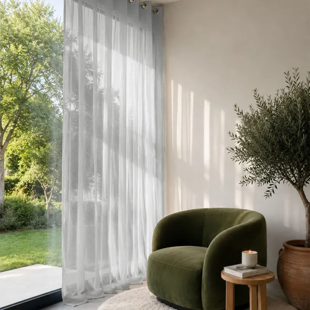 HOOMstyle kant en klaar gordijn met ringen Aura - Vitrage - Voile - Geschikt voor gordijnroede - 140x270cm - Grijs Grijs, Ringen
