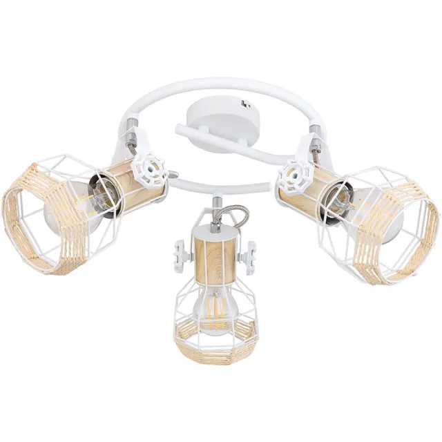 Globo Spotrondell 3 spot plafondlamp draaibaar woonkamerlamp wit, houtlook metaal, 3x E27 stopcontacten, D 25 cm