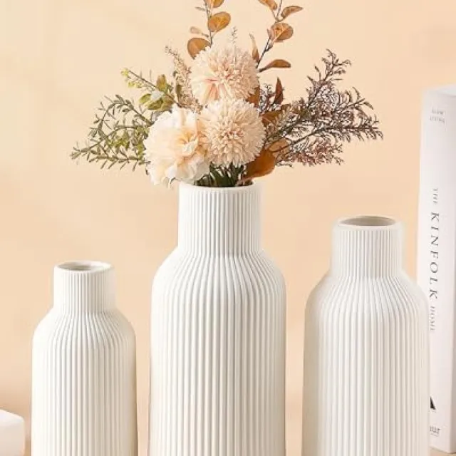 PromoHome Set van 3 Moderne Bloemenvazen - Ribbeldesign Wit Keramiek