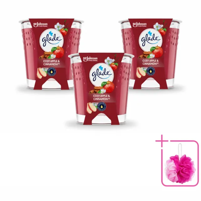 Glade 3 x Glade - Geurkaars Cosy Appel Kaneel - 100% Raapzaadwas & Vegan - 112 g - Bulkverpakking - Geurkaars - Douchemop - Vegan rood
