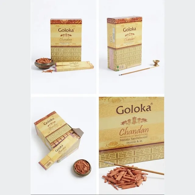 Goloka Chandan Wierooksticks - 12 x 15 Gram Pakket - Premium Exporter Kwaliteit - Natuurlijke Sandelhout Geur voor Aromatherapie, Yoga, Meditatie en Ontspanning - Handgemaakt Indiaas Product Met Kajal Sticker Bruin