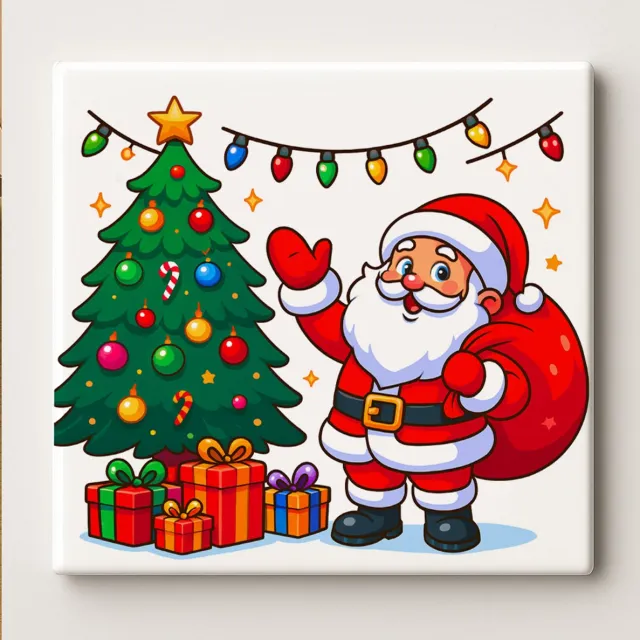 Nevolis Schattige Kerstman met Kerstboom Decoratieve Tegel 15x15 cm – Feestelijke Illustratie met Cadeaus – Gezellige Kerst Wanddecoratie Multi Color