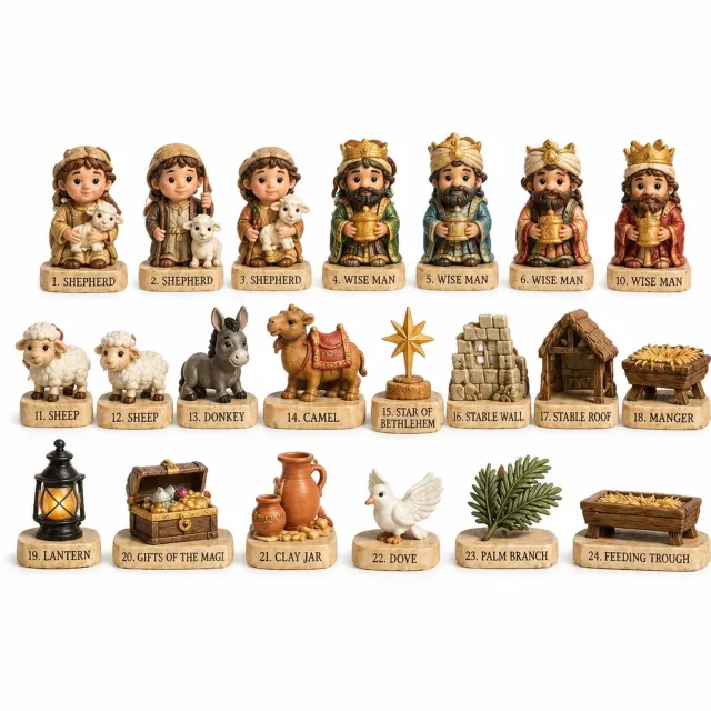SWGOTA Adventskalender 2026 met kerststalthema - 24 dagen aftellen - herders, wijzen en dieren - doosverpakking Bruin