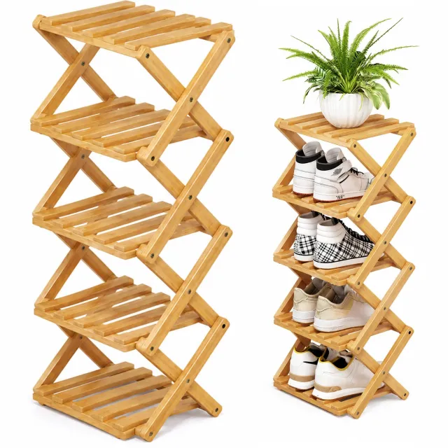 MODFU Bamboe Schoenenrek met 5 Niveaus – Inklapbaar en Zonder Gereedschap te Monteren – Naturel Houtkleur