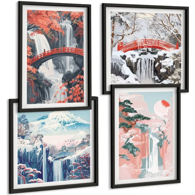 Coloray 4-Delige Schilderij Set - Watervallen In Verschillende Seizoenen Met Bruggen En Bomen. - 40 x 40 cm En 40 x 60 cm - Wanddecoratie - Muurdecoratie - Woonkamer - Moderne Wanddecoratie Zwarte lijst