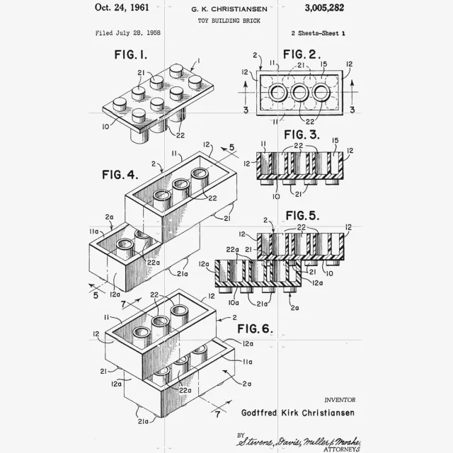 IXXI Lego Print Black & White, Florent Bodart - 60 x 80 cm - Grote wanddecoratie en posters - Illustraties, Line art, Grafisch Ontwerp, Technische Monochroom / Lichte tinten / Zwart / Zwart en wit