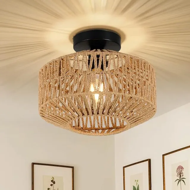 S-S Hangende Plafondlamp Met Rotan Kap - Boho Bamboe Hanglamp - Vintage Rustieke Plafondverlichting - Natuurlijke Rotan Lamp Voor Woonkamer, Slaapkamer, Keuken En Hal bruin