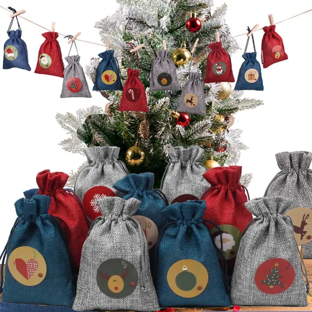 Mrilary Zelf Te Vullen Adventskalender met 24 Grote Stoffen Cadeauzakjes en 24 Stickers, Hangende Kerstkalender voor Kinderen, Vrouwen en Mannen Blauw