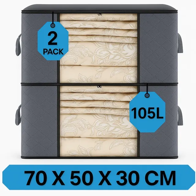 MeubelsvanJoep 2 stuks grote opbergdozen 105 liter, opbergdoos met deksel, versterkte handgreep, kleding, opbergtas, kledingdoos, verhuisdozen voor kleding, jurken, beddengoed, grijs 2 zakken (Grijs)