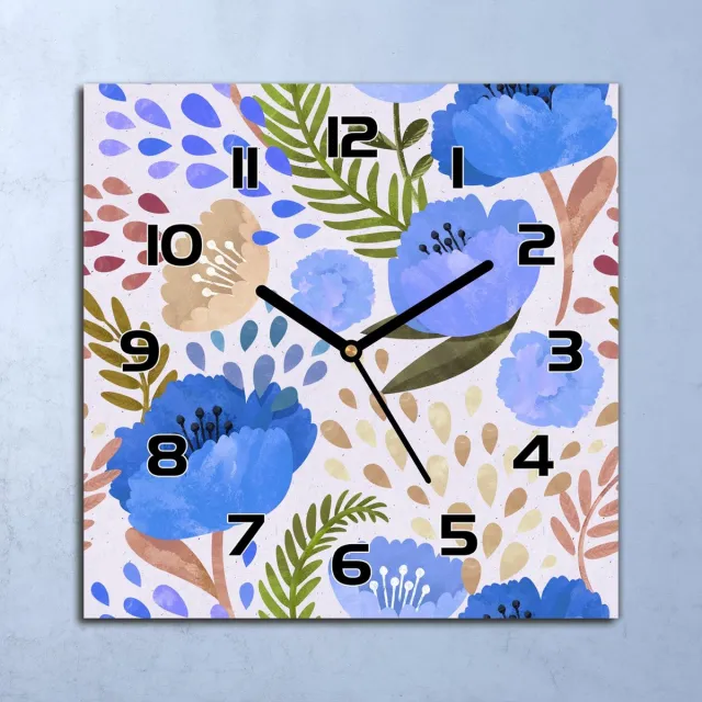 Coloray Wandklok - Een weide vol wilde bloemen Klok Glas - 30x30 cm - Blauw Wandklok - Wandklok Vierkant - Wandklok Industrieel - Wandklok Keuken - Stille Wandklok Blauw - Een weide vol wilde bloemen - Zwarte Handen