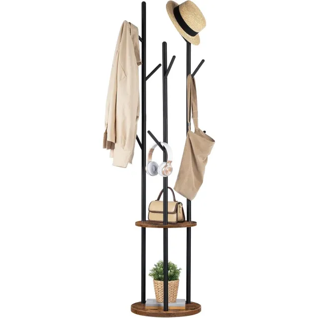 Vrijstaand kledingrek, garderobe in boomvorm met 8 haken, 2 ronde planken vintage bruin-zwart 40D x 40B x 175H cm