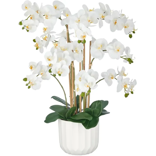 Kopu Kunstorchidee 80 cm - Wit - 9 takken - Witte pot - Phalaenopsis