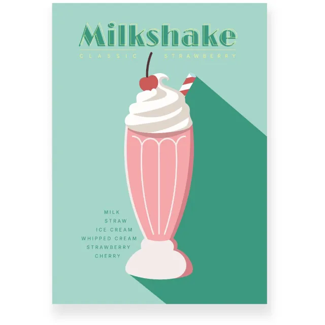 Yisual Poster 30x40 cm - Strawberry Milkshake - Roze - Groen - Retro - Art deco - Muurdecoratie - Wanddecoratie
