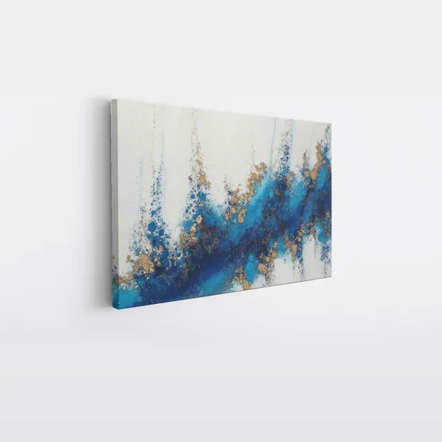 Saammp Canvas Schilderij - Goude stukjes - Blauw - Abstract - 60x40 - Foto op canvas - Wanddecoratie - Muurdecoratie Woonkamer - Slaapkamer decoratie - Canvas Print Multicolor