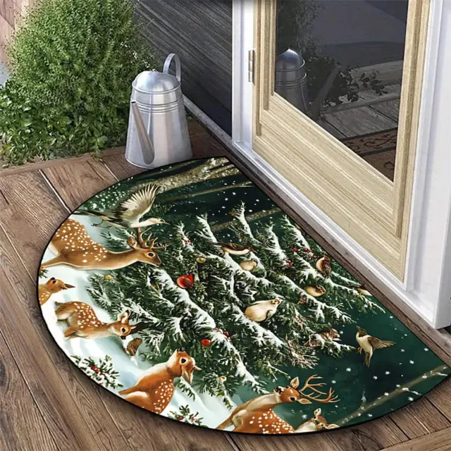 longziming Kerstdeurmat - Halve Maan - Bosdierenmotief met Hert - 40 x 60 cm - Polyester - Antislipvrije Decoratiemat voor Deur, Hal en Woonkamer - Kerstdecoratie groen