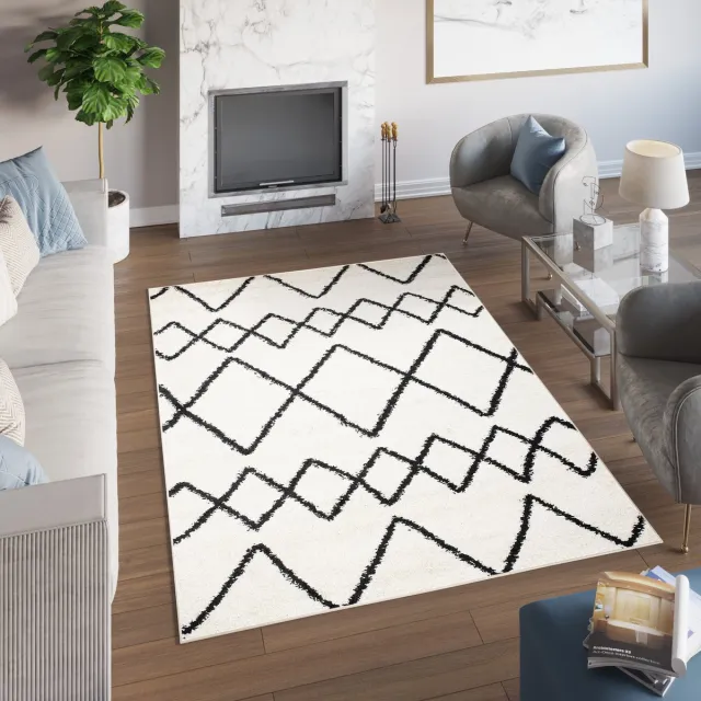 Tapiso Delhi Vloerkleed Beige Zwart Boho Hoogpolig Tapijt
