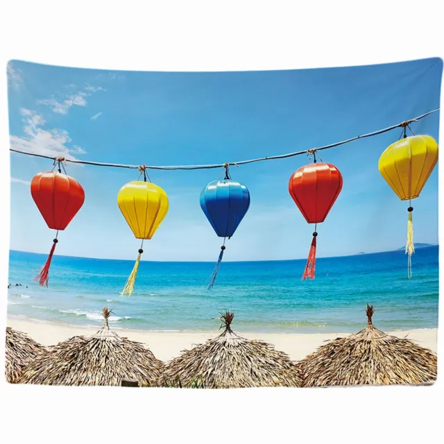 Ulticool Lantaarn Slingers Lampion Strand Zee Vietnam - Wandkleed - 200x150 cm - Groot wandtapijt - Poster Blauw