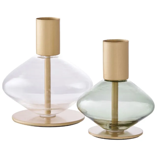 Nest of Nora Kaarsenhouders set van 2 - Glas en metaal - Goud/Groen/Transparant