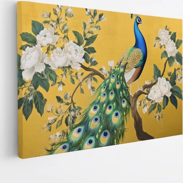Saammp Canvas Schilderij - Pauw met witte Bloemen - Vintage - Dieren - Natuur - 40x30 - Foto op canvas - Wanddecoratie - muurdecoratie Woonkamer - Slaapkamer decoratie - Canvas Print Multicolor