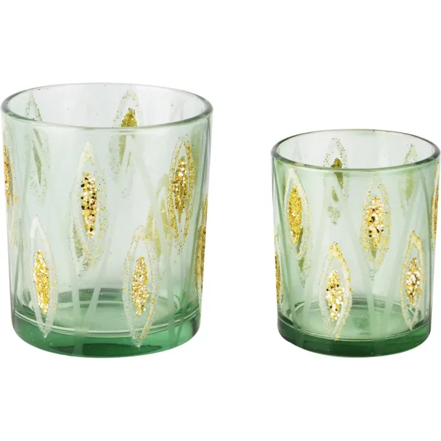 dekoratief Set 2 theelichthouders 'Glitter Rhombus', groen/goud, glas, 9x9x10cm | A255287